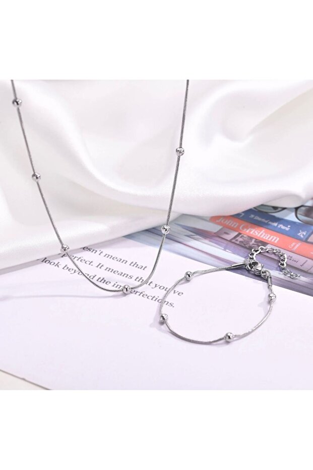 316 L Çelik topçuklu yılan zincir 45 cm uzatmalı kolye bileklik set